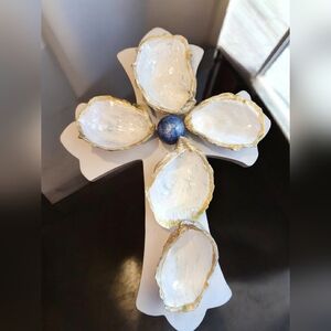 Elegant White and Gold Cross with Blue Accent